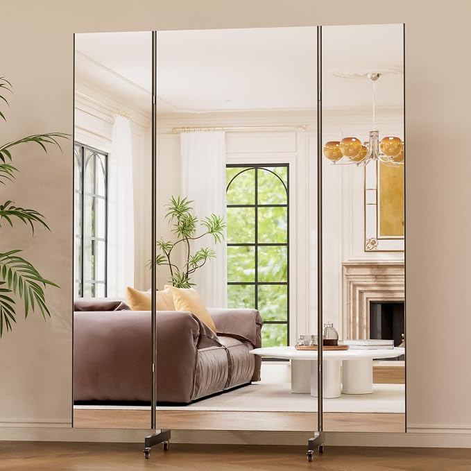 brisafe 67"x55" Folding Mirror with Wheels, 3-Panel Full Length Standing Mirror, Space-Saving, Shatterproof Nano Material, Portable Floor Mirror for Gym, Dance Studio, Home, Commercial Use, Black