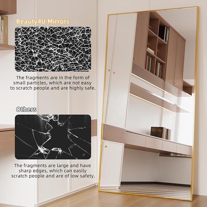 Beauty4U 76" x 37" Full Length Mirror with Stand, Gold Large Floor Mirror | Standing, Leaning, or Wall-Mounted Tempered Glass Full Body Mirror with Metal Frame for Bedroom, Closet, Modern Home Decor