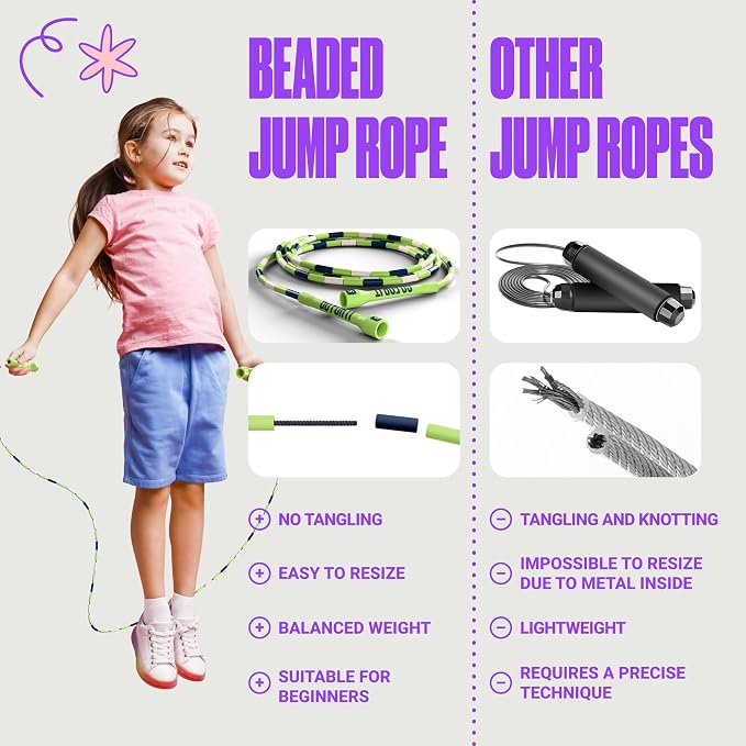 Sportbit Custom-Fit Beaded Jump Rope – Adjustable Length for Kids & Adults, Men & Women – Durable Fitness Rope for Gym & Home