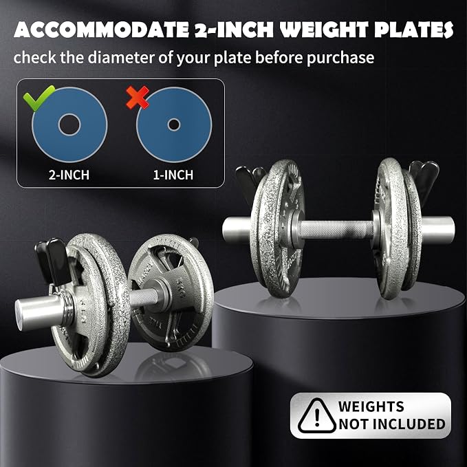 16" Olympic Dumbbell Handle, Dumbbell Bar for 2-inch Olympic Weight Plates, Loadable Dumbbells for Home Gym Strength Training, 2 Pair of Spring Collars Included