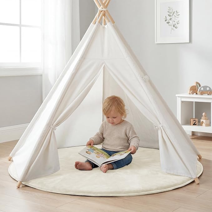 Ultra Soft Baby Play Mat for Floor,1.3" Thick Elasti-Foam 47in Round Mat for Toddlers Infant Kids,Non-Slip Backing Safe for Crawling&Tummy Time,Tatami Style(Cream)