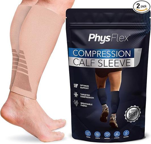 Calf Compression Sleeves for Men and Women - (1 Pair) Footless Compression Socks Support for Varicose Vein, Nursing, Pregnancy, Running - PhysFlex Leg Sleeve Brace for Shin Splints, Pain Relief and