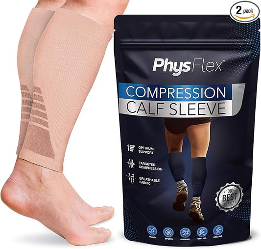 Calf Compression Sleeves for Men and Women - (1 Pair) Footless Compression Socks Support for Varicose Vein, Nursing, Pregnancy, Running - PhysFlex Leg Sleeve Brace for Shin Splints, Pain Relief and