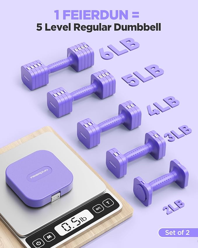 FEIERDUN DB3 5-in-1 Adjustable Dumbbell Set, 6LB/10LB Pair Adjustable Weights for Women at Home, Dual Locking Stable Hand Weights with TPU Soft Handle, Home Gym, Rehab, Pilates, Yoga, Strength Training