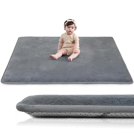 Huloo Sleep Baby Play Mat for Floor,1.3" Thick Elasti-Foam 47"×47" Playpen Mat for Tummy Time,Water Repellent Soft Coral Velvet for Toddler,Infant,Kids,Non-Slip Backing Safe for Crawling(Dark Grey)