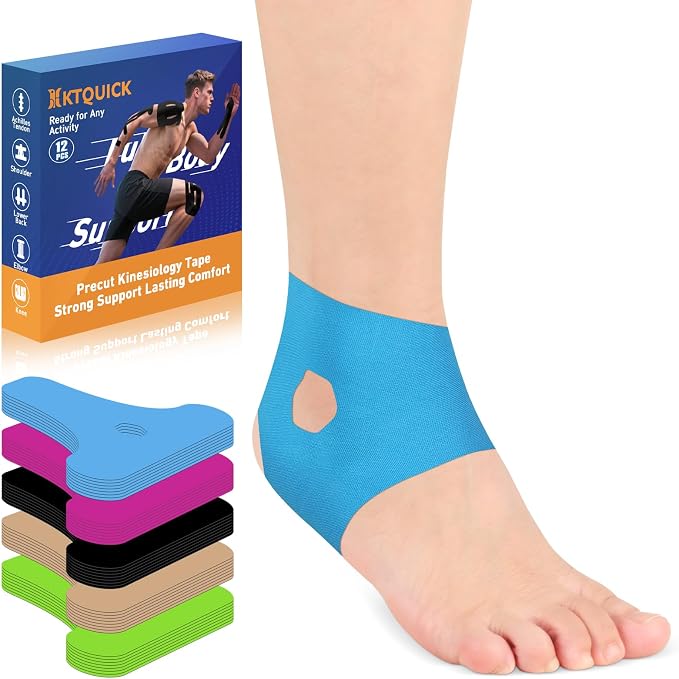 KTQUICK Precut Kinesiology Tape for Ankle,12 PCS,20% Stronger Adhesive,Blue | Precut Ankle Support Tape with Premium Cotton, Breathable, Waterproof Athletic Tape for Running, Training & Hiking