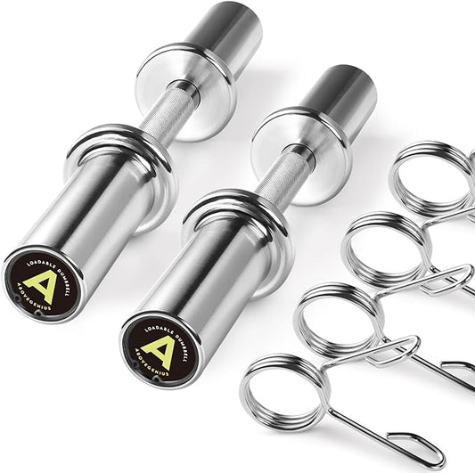 AboveGenius Pair of 16" Olympic Dumbbell Handles, Loadable Dumbbell Bars for 2-inch Olympic Weight Plates Great for Home Gym Strength Training, Weight Bars with 2 Pair of Spring Collars | Solid Steel Loadable Weight Bars for 2-Inch Plates, Adjustable H...