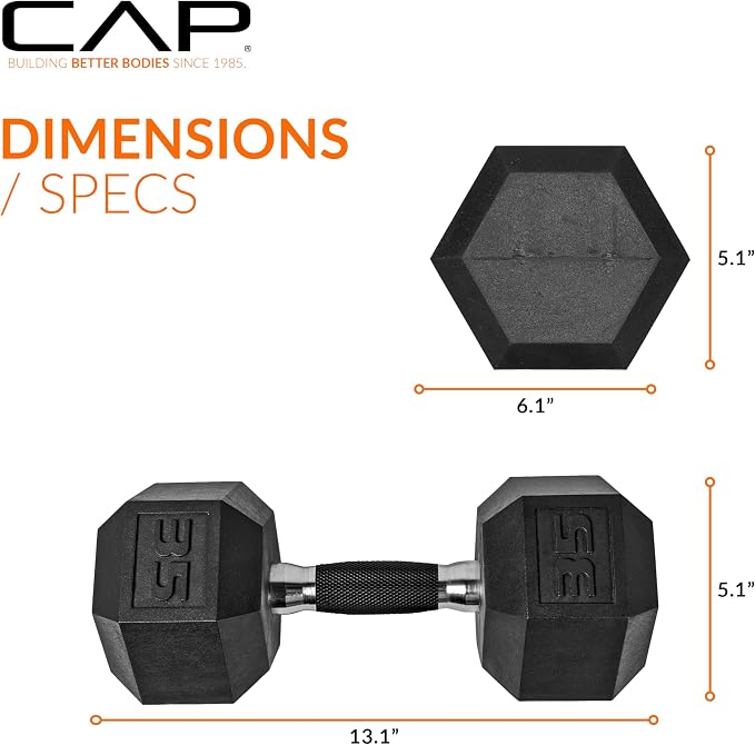 CAP Rubber Coated Dumbbell Weights, Free Weights for Home Gym Strength Training, Anti-Roll Hex Dumbbells with Black, Chrome & Comfort Grip Handles, Pairs & Sets
