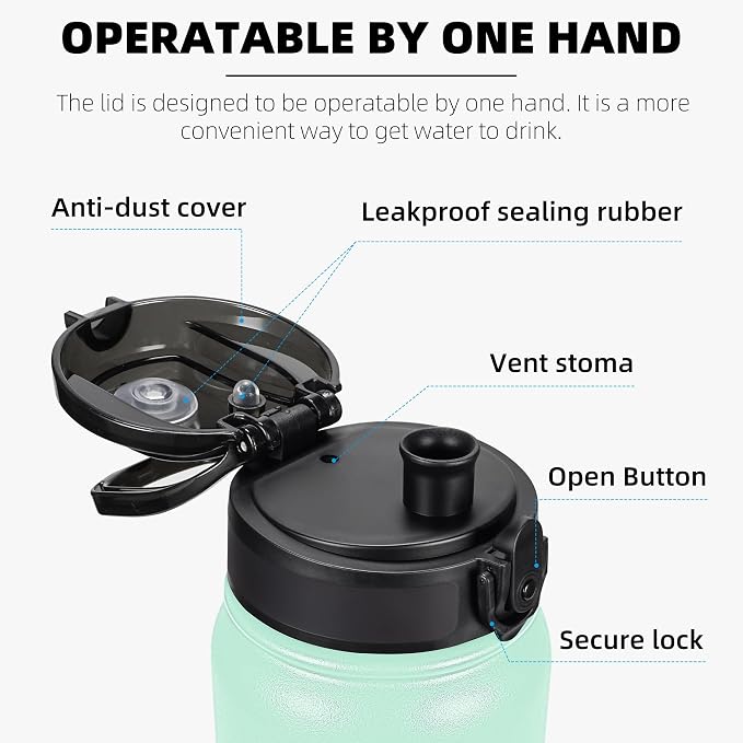 Fanhaw 32 oz Insulated Stainless Steel Water Bottle with Anti-Dust Chug Lid, Leakproof Vacuum Sports Bottle for Kids, Teens & Adults, Back to School Essentials (Green Pink)