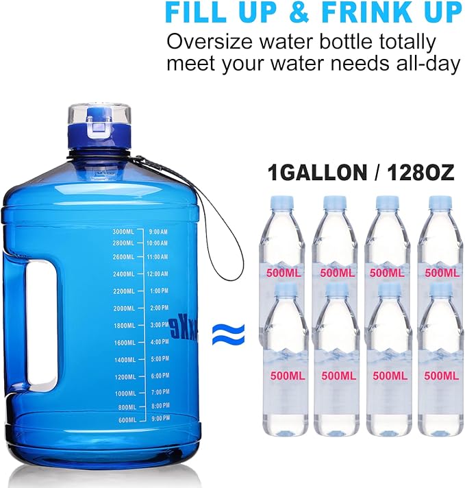 SLUXKE Gallon Big Water Bottle with Handle, 128oz Leakproof BPA Free Fitness Sports Water Bottle with Motivational Time Marker & Wide Mouth Ensure You Drink More Water