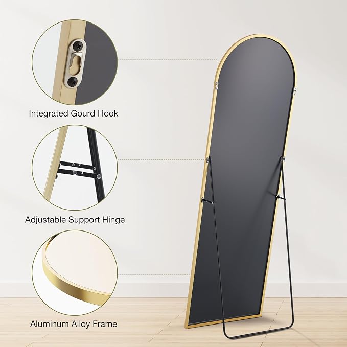 OLIXIS 64"x21.5" Arched Full Length Mirror with Stand, Body Mirror | Shatter-Proof Glass, Hanging or Leaning for Wall, Floor Standing, Bedroom Living Room, Long, Gold