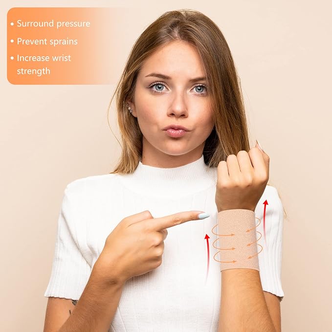 SATINIOR 2 Pairs Compression Wrist Sleeve Compression Wrist Brace Wrist Supports Wrist Wraps Elastic Wristbands for Men and Women Tennis, Tendonitis, Carpal Tunnel (Beige, Medium)