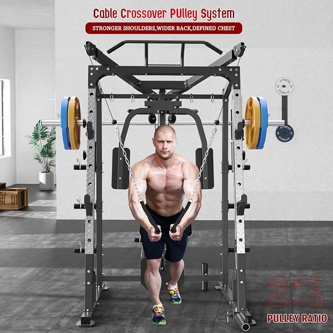 SunHome Smith Machine, 2000LBS Power Cage Squat Rack with Smith Bar, LAT Pull-Down Systems, Cable Crossover Machine for Home Gym
