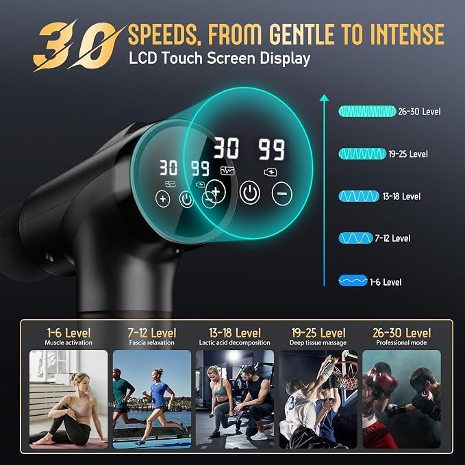 OLsky Massage Gun Deep Tissue 30 Speeds 9 Attachments Handheld (Black) | Electric Muscle Massager, High-intensity Percussion, Massage Device for Pain Relief, Quiet and Powerful, Ideal for Recovery