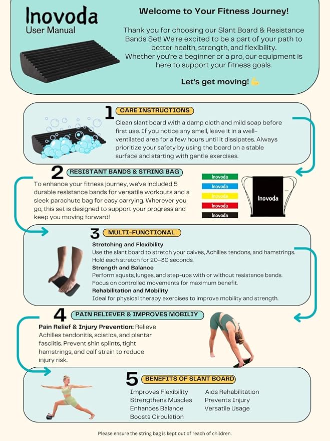 Inovoda Calf Stretch Board I Slant Board For Calf Stretching & Calf Raise Block for Relief of Plantar Fasciitis, Achilles Tendonitis & Calf Tightness | Calf Stretcher with 5 Resistance Bands & Carry Bag I Ankle Balance Board & Ankle Exerciser Strengthener