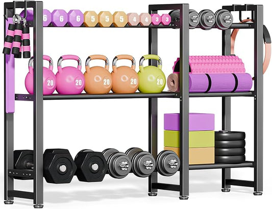 800LBS Capacity Multifunctional Home Gym Storage Rack with Side Hooks, Heavy Duty Adjustable Weight Storage Rack for Dumbbells Kettlebells Yoga Mat, Space Saving Workout Equipment Storage Organizer