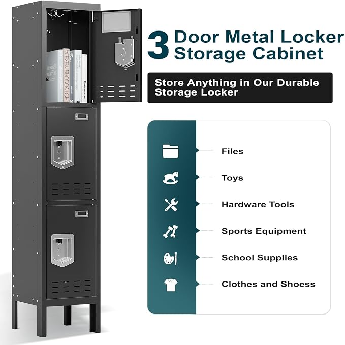BUTISOW 3 Door Employee Metal Locker w/Card Slot for School Gym Office | Ventilated Metal Steel Locker with Mirror & Multi Hooks for Secure Storage