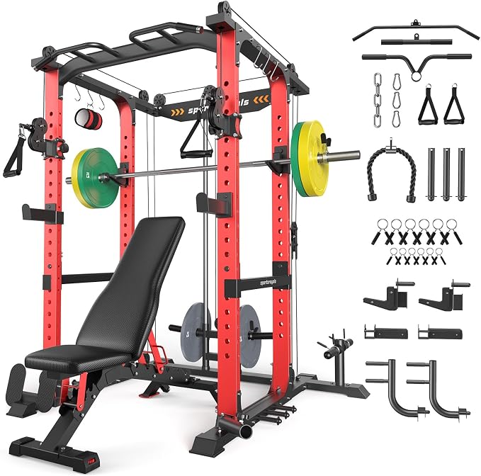 SPORTSROYALS Power Rack, Multi-Functional Power Cage, Squat Rack with Pulley System & LAT Pull Down, Workout Cage with J Hooks for Home Gym