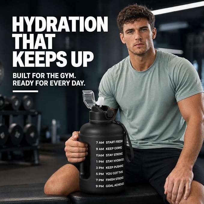 Half Gallon Water Bottle with 2 Lids,Dishwasher Safe, BPA Free,Leak Proof | 73 OZ Large Water Bottle with Straw,Shatter Resistant, Resuable,Time Marker,Big Gym Motivational Water Jug with Handle