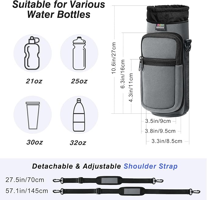 Nuovoware Magnetic Gym Bag, 25oz/32oz, Water Bottle Carrier Holder, Grey | Adjustable Shoulder Strap, 2 Pocket, Sports Sling Neoprene Sleeve, for Hiking Travelling Camping