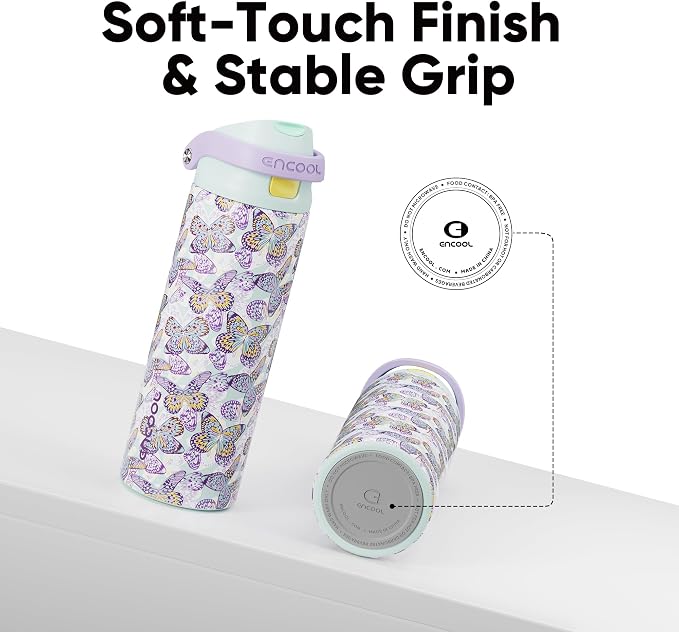 ENCOOL Leakproof Insulated Water Bottle with Straw Dual-Sip Water Bottle Bag-Safe Design for Work, Commute & Gym – Keeps Drinks Cold All Day, 24 oz, Mosaic Butterfly