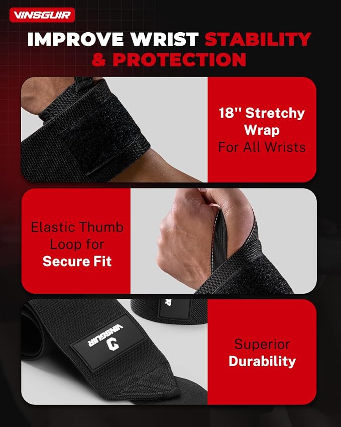 VINSGUIR Wrist Wraps for Weightlifting, [USPA Approved] Lifting Straps for Wrist Support with Heavy Duty Thumb Loop, Gym Wrist Brace for Working Out, Crossfit, Powerlifting, for Men&Women