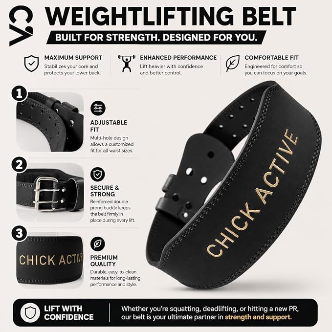 Weightlifting Belt - Pro Leather Belt for Powerlifting, Squats & Deadlifts, Lower Back Support with Adjustable Buckle for Men & Women