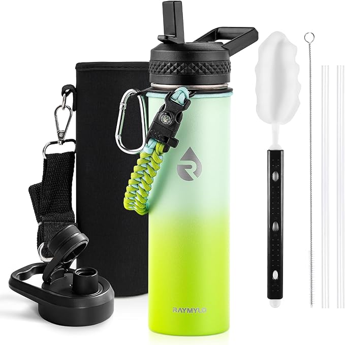 RAYMYLO Insulated Water Bottle 20 oz, Triple Wall Vacuum Stainless Steel | (Cold for 24Hrs, Hot for 12Hrs), Leak Proof & Non-BPA, Modern Water Bottle Jug for School with Straw Spout Lids