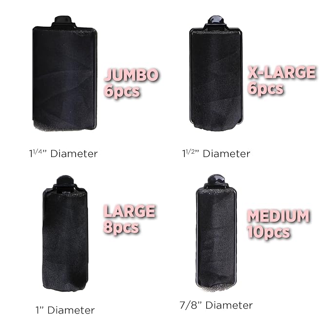 DONNA Silky Sastin Foam Roller 7/8"(D) MEDIUM 10PCS Hair Curlers with Clips for Heatless Hairdressing and Styling - BLACK