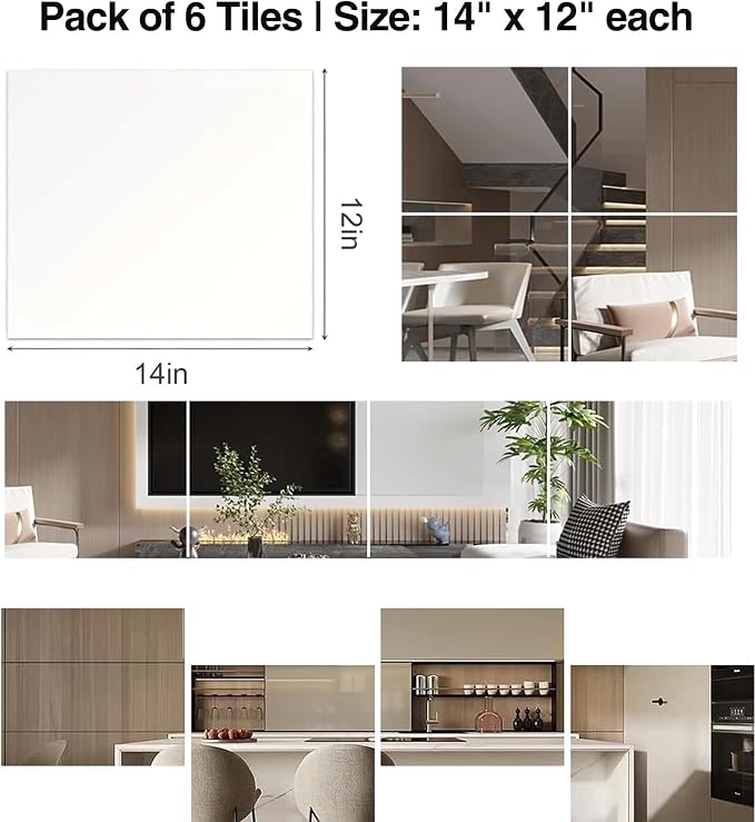 6 Pack 14"x12" Shatterproof Acrylic Mirror Tiles – Self-Adhesive, Unbreakable Wall Mirrors for Kids Room, Bathroom, Bedroom, Closet Door, or Home Gym