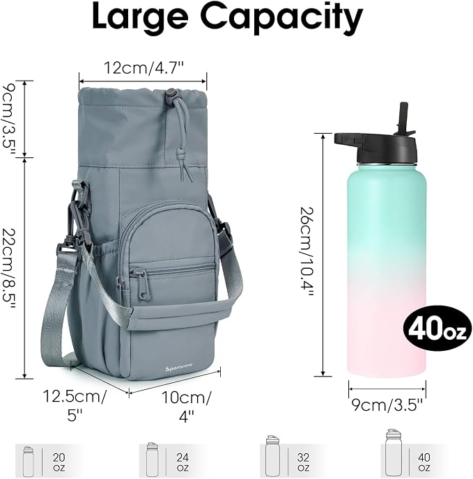 sportsnew 40oz Insulated Crossbody Water Bottle Bag Gym Hiking Phone Pocket | Water-resistant Lining, Padded Strap, Top Handle, Drawstring, Phone Pocket, Elastic Slots, Built-In Key Clip for Gym Walking