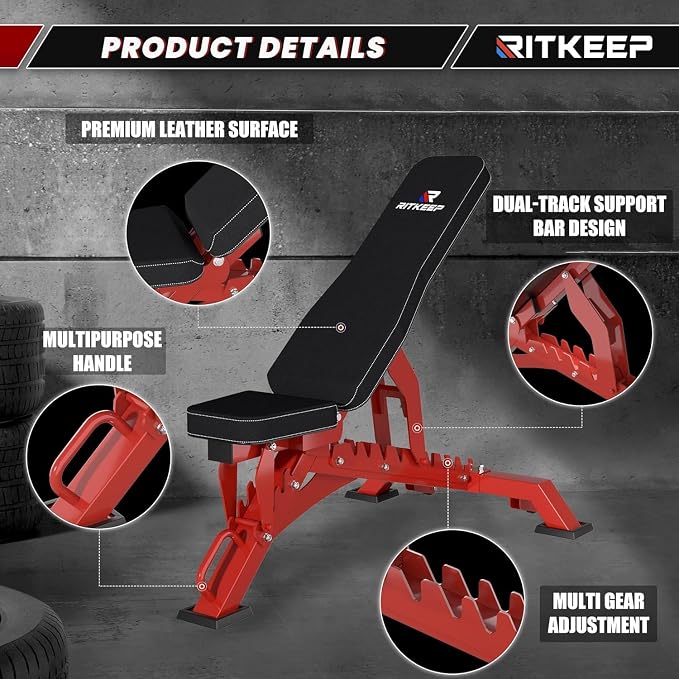 RitKeep Adjustable Weight Bench, 1300LB Capacity for Garage & Home Gym | Weightlifting Workout Bench with 40 Adjustment Positions for Incline, Decline, Bench Press and Full-Body Training -RAB-3000