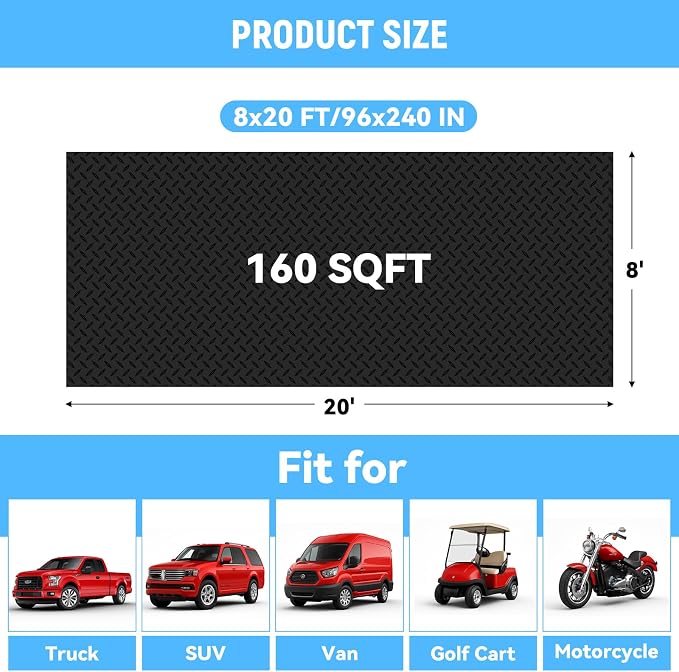 8x20 FT Garage Floor Mat, 2.8mm Thickened Diamond Plate | PVC Flooring Roll for Under Car/Garage/Warehouse/Basement/Gyms/Trailer, 160 SQFT Garage Mat, Tapes Included, Black