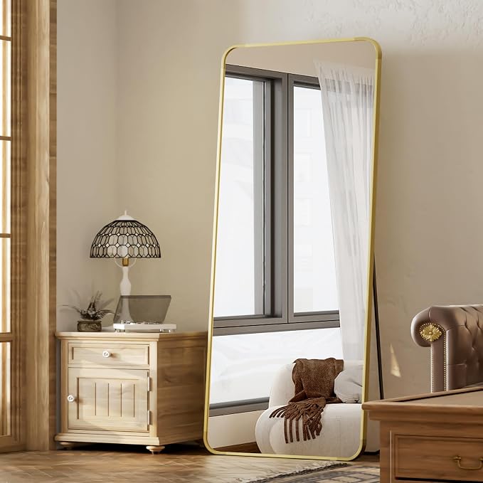 BEAUTYPEAK 65" x 24" Rounded Corner Full Length Mirror with Stand, Gold | Aluminum Alloy Frame with Standing, Leaning, or Wall-Mounted, Ideal for Bedroom, Dressing Room, Entryway, and Living Room