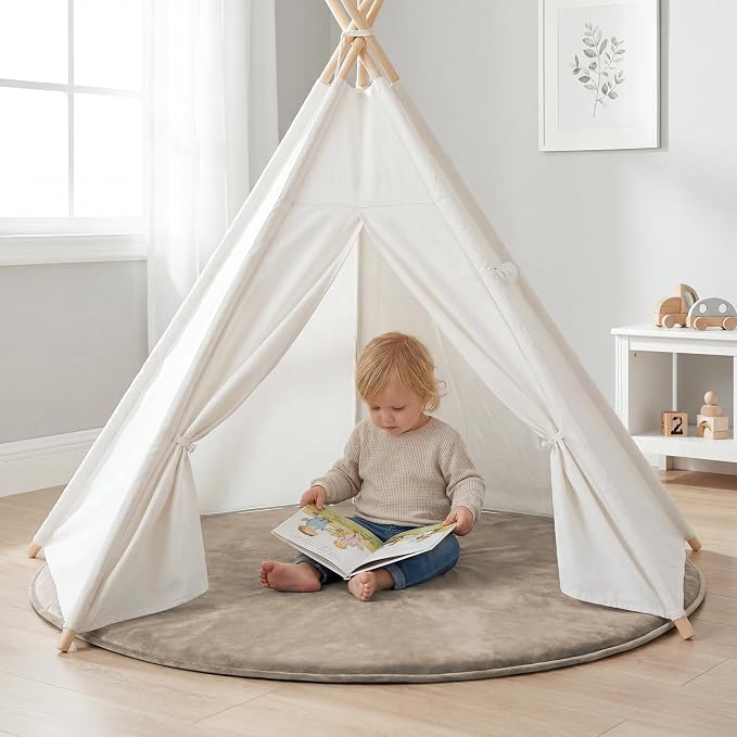 Baby Play Mat for Floor,1.3" Thick Elasti-Foam 79in Round Mat for Tummy Time,Non-Toxic Certified Water Repellent Soft Coral Velvet for Toddler,Infant,Kids,Non-Slip Backing Safe for Crawling(Beige)