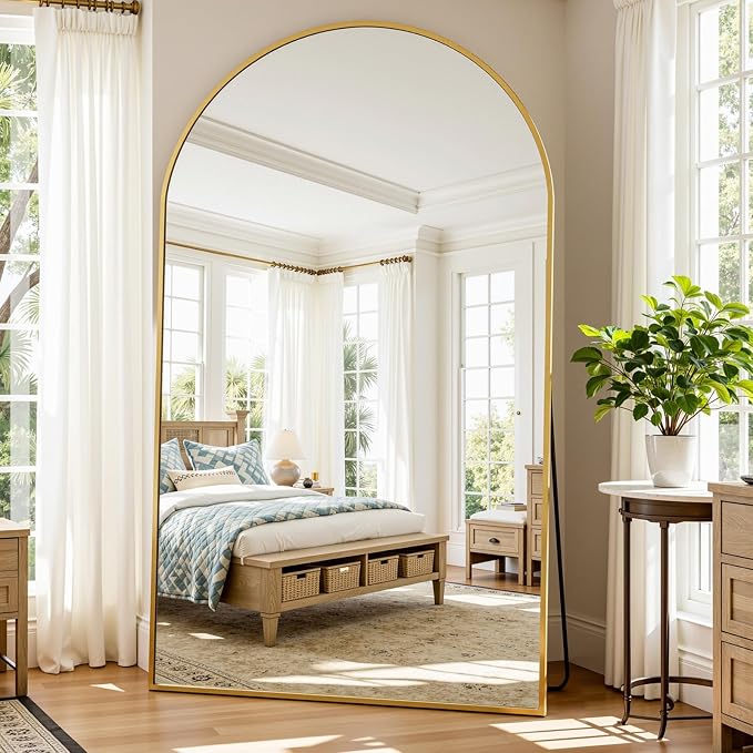 Full Length Mirror 88" L x 44" Full Body Standing Mirror for Bedroom, Living Room, Gym, Dorm - Shatter-Resistant & Easy Assembly, Arched Style Gold
