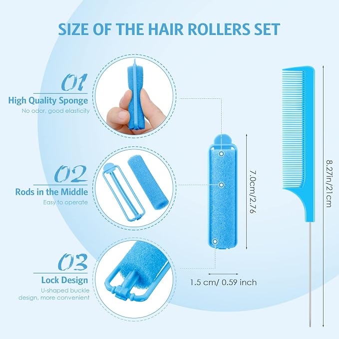 Syhood 43 Pcs Foam Sponge Hair Rollers Women 0.59 Inch Soft Sleeping Curlers Flexible Sponge Curler Tool and Rat Tail Comb for Hair Styling Hairdressing Overnight Curl and Volume(Dark Blue)
