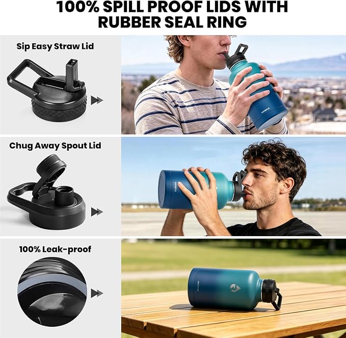RAYMYLO Insulated Water Bottle 64 oz, Triple Wall Vacuum Stainless Steel (Cold for 48 Hrs), Leak Proof & Non-BPA, Half Gallon Water Flask Jug with Paracord Handle & Straw Spout Lids, Cyan Blue | (Cold for 48 Hrs), Leak Proof & Non-BPA, Half Gallon Wate...