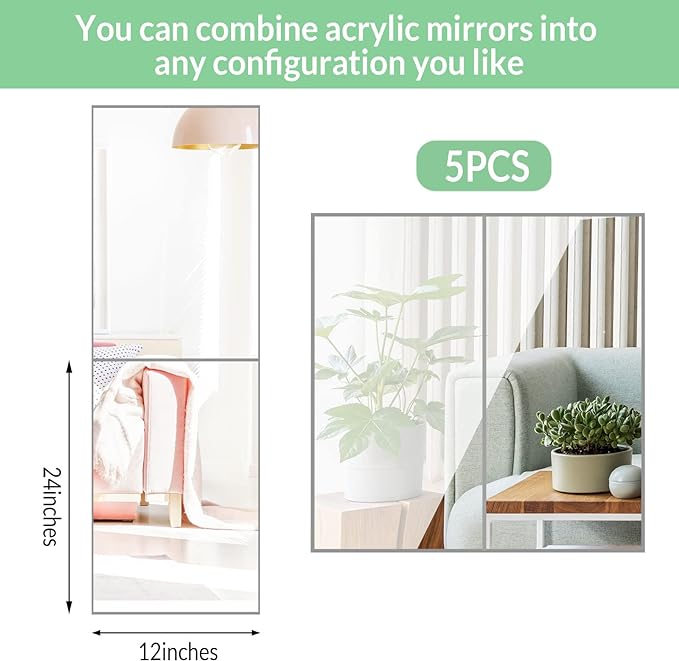 Queekay 5 Pcs Home Gym Mirrors 12" x 24" Acrylic Wall Mirror Tiles 2mm Thick Self Adhesive Mirror Sheets Frameless Wall Mounted Mirror Stickers Decor for Workout Bedroom Ceiling
