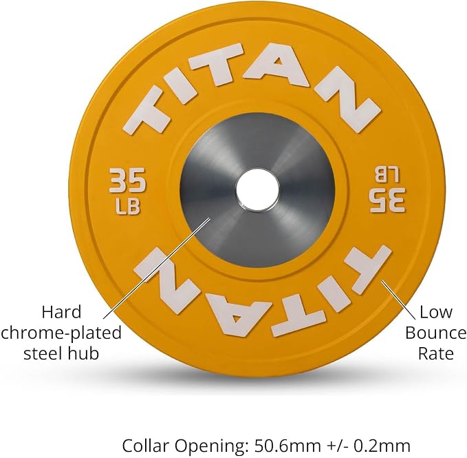 Titan Fitness Elite Olympic Bumper Plates, Competition Weight Plates, Rubber with Steel Hub Insert, Sold as a Pair, for Olympic Weightlifting and Cross-Training Workouts