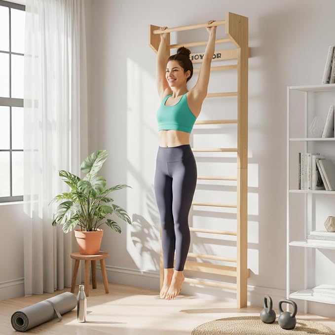 JOYMOR Gymnastics Swedish Ladder, Multiuse Exercise Ladder, Wall Mounted Pull Up Bar, Physical Therapy for Stretching and Various Exercises, Indoor Gym Workout Yoga (Wood Stall Bar)