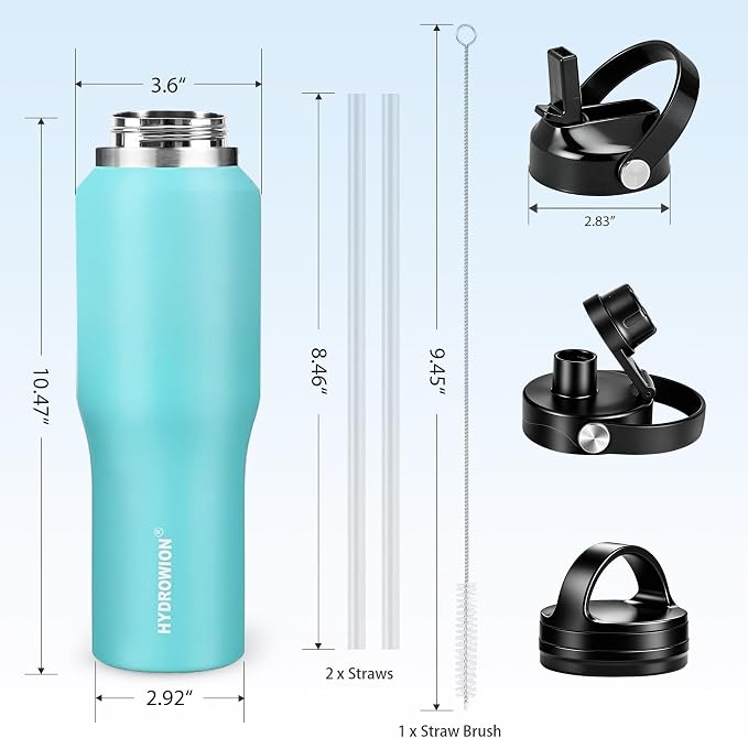HYDROWION 32oz Stainless Steel Water Bottle(Cold for 48 Hrs, Hot for 24 Hrs), Double Wall Vacuum Insulated Water Bottle with Straw Lid, Spout Lid and Flex Cap, Fit in Any Car Cup Holder, Mint