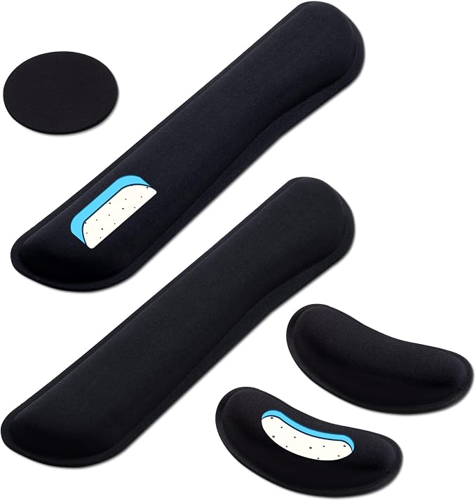 Leolee Gel Memory Foam Keyboard Wrist Rest, Black 5 in 1 Wrist Rest Set | for Computer Keyboard and Mouse, Ergonomic Wrist Support with Non-Slip Base for Pain Relief, Typing, Gaming, Office