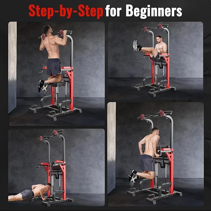 Pull Up Bar Power Tower Dip Station, 450LB Adjustable Home Gym Equipment | 11-height adjustment supports pull ups, dips, knee raises, push ups and versatile full-body strength training