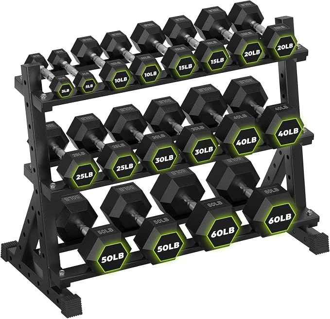 HANDBODE Dumbbell Set with Rack, Rubber Coated Fixed Dumbbells 390-790 lbs | Heavy Duty Hexagonal Weights, Non-Roll Hexagon Shape for Stability, Home Gym Strength Training Equipment