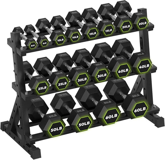HANDBODE Dumbbell Set with Rack, Rubber Coated Fixed Dumbbells 390-790 lbs | Heavy Duty Hexagonal Weights, Non-Roll Hexagon Shape for Stability, Home Gym Strength Training Equipment