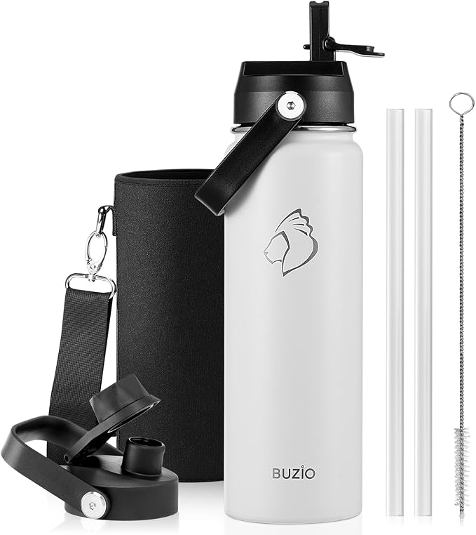 BUZIO 24 oz Insulated Stainless Steel Water Bottle with Straw & Spout Lids | Triple Wall Insulated Tumbler (Dishwasher Safe) ,Cold for 48 Hrs, Wide Mouth, Leakproof, BPA-Free, for Sports, Gym, School