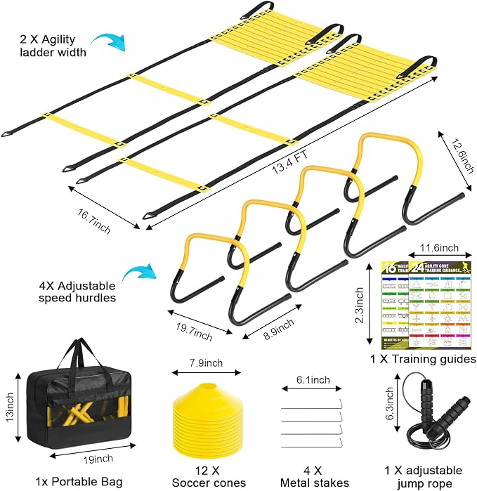 BORNEW 2 Pack Agility Ladder, Soccer Speed Training Equipment Set with Total 26 ft Agility Ladder, 12 Cones, 4 Adjustable Hurdles, Jump Rope, for Soccer, Basketball, Football, Kids, Youth, Adults