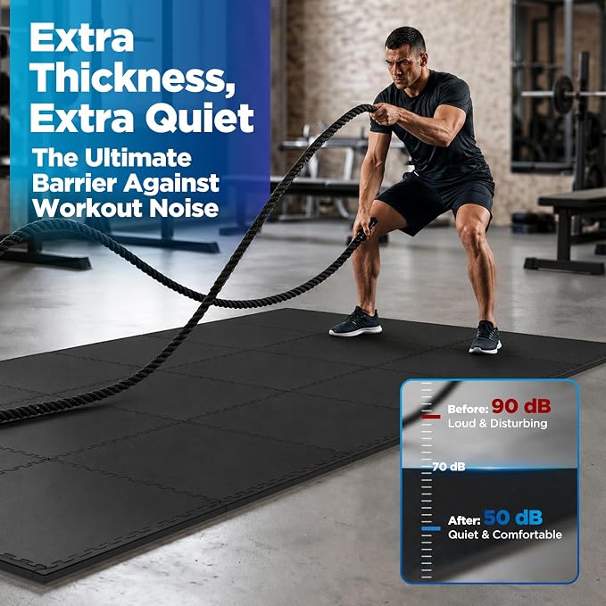 1'' Thick 48 Sq Ft Protective Gym Flooring for Home Gym, 12 Tiles Extra-Thick Rubber Top with High Density EVA Foam, Interlocking Exercise Equipment Mats, Heavy Weight Workout, Black