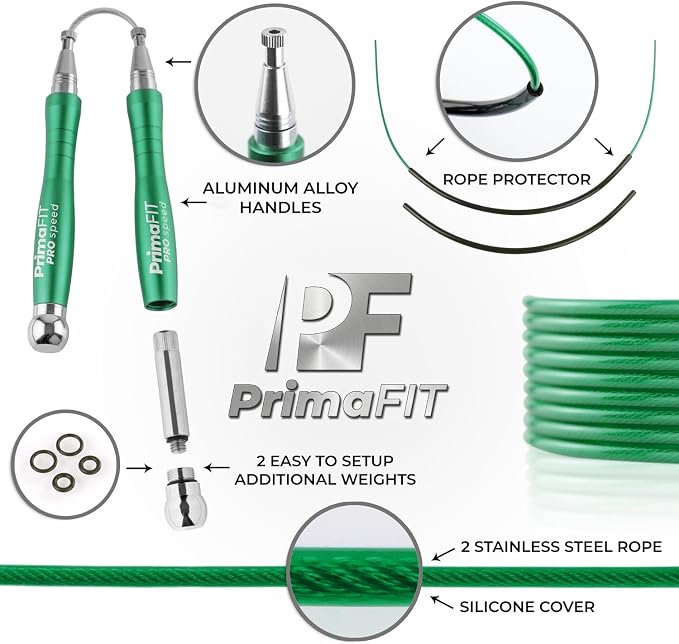 PrimaFIT Pro Speed Jump Rope for Adults, Weighted Skipping Rope for Boxing | Adjustable Jumping Rope for Fitness Workout & CrossFit Exercise, Double Unders, Handle Weights, 3m Cables 2 Protectors, Bag